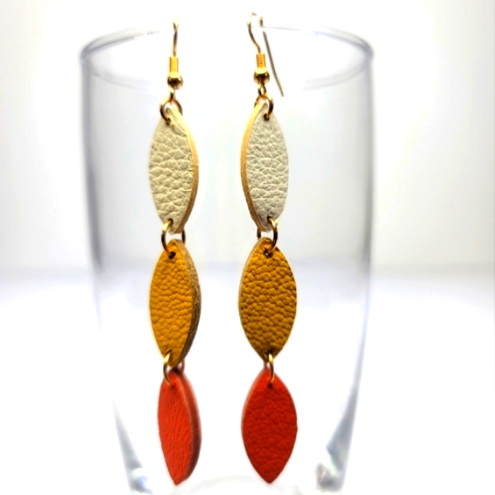 Faux Leather Oval Earrings Yellow Orange & Cream Lightweight W Gold Connectors